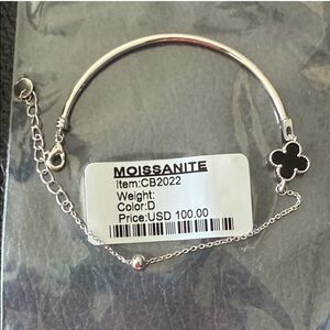 Moissanite Silver clover bracelet with black stone new in package $100 retail